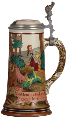 Stoneware stein, .5L, etched, #1658, by Marzi & Remy, inlaid lid, mint. - 2