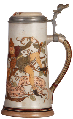 Stoneware stein, 1.0L, etched, #1619, by Marzi & Remy, inlaid lid, mint. - 2