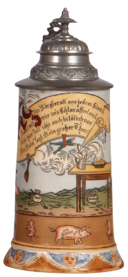 Pottery stein, .5L, etched, marked H.R. 407, by Hauber & Reuther, pewter lid, wear on brown color, otherwise mint.