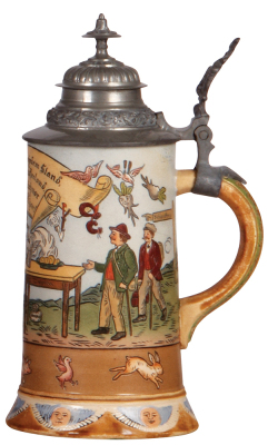 Pottery stein, .5L, etched, marked H.R. 407, by Hauber & Reuther, pewter lid, wear on brown color, otherwise mint. - 2