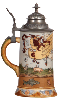 Pottery stein, .5L, etched, marked H.R. 407, by Hauber & Reuther, pewter lid, wear on brown color, otherwise mint. - 3