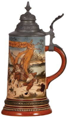 Pottery stein, .5L, etched, marked H.R. 419, by Hauber & Reuther, pewter lid, good repair to body hairline. - 2