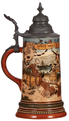 Pottery stein, .5L, etched, marked H.R. 419, by Hauber & Reuther, pewter lid, good repair to body hairline. - 3