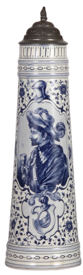 Pottery stein, 2.5L, 18.9" ht., transfer & hand-painted, marked Royal Bonn, pewter lid, base chip, piece glued in place.