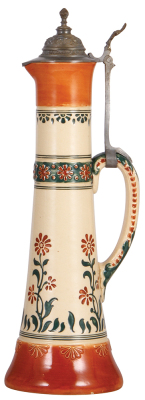 Pottery stein, 1.5L, 16.9" ht., incised, marked Gerz, #572B, pewter lid, two factory flakes on base edge, otherwise mint.