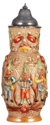 Pottery stein, 2.0L, 14.5" ht., relief, by Diesinger, #811, pewter lid, small relief chips, finial tear.