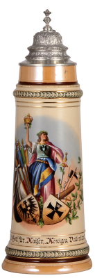 Pottery stein, 2.0L, 16.1" ht., transfer & hand-painted, relief, marked 272, by Marzi & Remy, Germania, pewter lid, very good condition.
