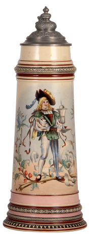 Pottery stein, 2.0L, 15.7" ht., transfer & hand-painted, marked 1183, by Hanke, pewter lid, base & lower band chip.