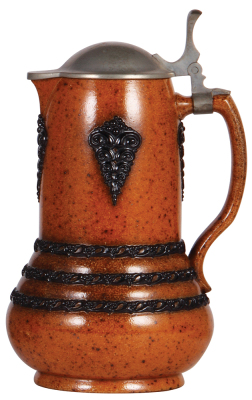 Stoneware stein, 11.2'' ht., relief, marked 3297, made by Reinhold Merkelbach, designed by Karl Mehlem, brown saltglaze, Art Nouveau, pewter lid, mint.