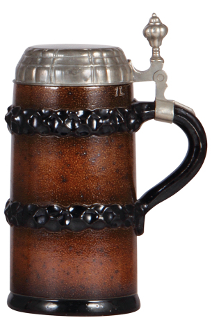 Stoneware stein, 1.0L, relief, marked 3079, made by Reinhold Merkelbach, designed by Ludwig Leypold, brown & black saltglazes, Art Nouveau, pewter lid, a few small wear spots on bands.