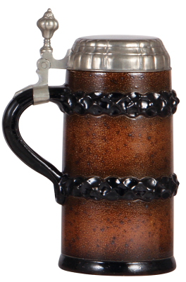Stoneware stein, 1.0L, relief, marked 3079, made by Reinhold Merkelbach, designed by Ludwig Leypold, brown & black saltglazes, Art Nouveau, pewter lid, a few small wear spots on bands. - 3