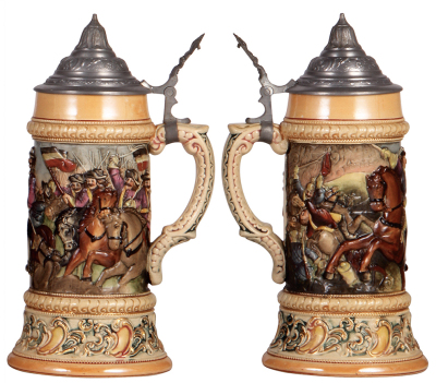 Two Diesinger steins, pottery, .5L, relief, #800, pewter lid; with, .5L, relief, #68, pewter lid, very good condition. - 3