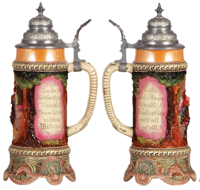 Two Diesinger steins, pottery, .5L, relief, #528, pewter lid; with, .5L, relief, #854, pewter lid, very good condition. - 2