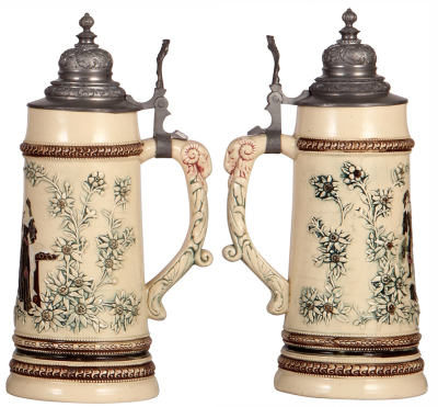 Two Diesinger steins, pottery, 1.0L, relief, #802, pewter lid; with, 1.0L, threading, pewter lid, minor dents, very good condition. - 3