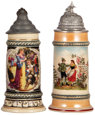 Two Diesinger steins, pottery, .5L, relief, pewter lid; with, .5L, transfer & hand-painted, pewter lid, center hinge ring missing - hinge works, very good condition.