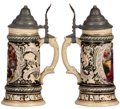 Two Diesinger steins, pottery, .5L, relief, pewter lid; with, .5L, transfer & hand-painted, pewter lid, center hinge ring missing - hinge works, very good condition. - 2