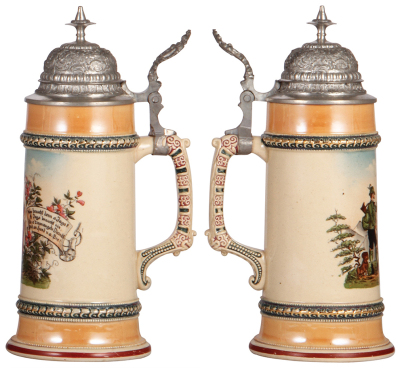 Two Diesinger steins, pottery, .5L, relief, pewter lid; with, .5L, transfer & hand-painted, pewter lid, center hinge ring missing - hinge works, very good condition. - 3