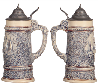 Two Diesinger steins, pottery, .5L, transfer & relief, #631, pewter lid, minor pewter tear; with, .5L, relief, #933, pewter lid, very good condition. - 3