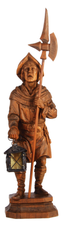 Black Forest wood carving, 26.2' ht. x 6.5'' w. x 6.2'' deep, linden wood, Night Watchman, mid to late 1900s, metal lantern, light has been rewired & working properly, very good quality and condition.