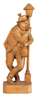 Black Forest wood carving, 16.7" ht. x 6.2" w. x 4.5" deep, linden wood, Drunk Man holding lamp post, made in Germany, mid to late 1900s, very good quality and condition. 