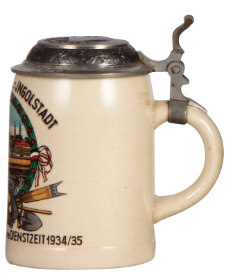 Third Reich stein, .5L, pottery, Pionier Batl. Ingolstadt, 1934 - 1935, owner's name on lid, pewter lid with relief helmet with swastika, mint. A DETAILED PHOTO OF THE LID IS AVAILABLE, PLEASE EMAIL YOUR REQUEST. - 2