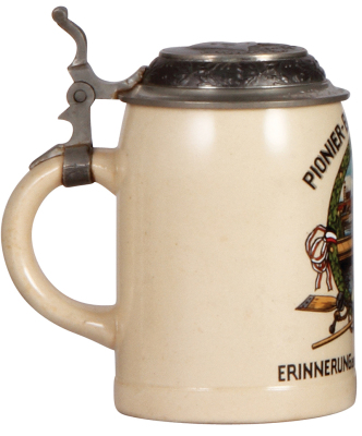 Third Reich stein, .5L, pottery, Pionier Batl. Ingolstadt, 1934 - 1935, owner's name on lid, pewter lid with relief helmet with swastika, mint. A DETAILED PHOTO OF THE LID IS AVAILABLE, PLEASE EMAIL YOUR REQUEST. - 3