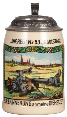 Third Reich stein, .5L, pottery, Inft. Regt. Nr. 63, Ingolstadt, owner's name on lid, pewter lid with relief helmet with swastika, mint. A DETAILED PHOTO OF THE LID IS AVAILABLE, PLEASE EMAIL YOUR REQUEST.