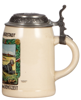 Third Reich stein, .5L, pottery, Inft. Regt. Nr. 63, Ingolstadt, owner's name on lid, pewter lid with relief helmet with swastika, mint. A DETAILED PHOTO OF THE LID IS AVAILABLE, PLEASE EMAIL YOUR REQUEST. - 2