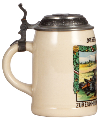 Third Reich stein, .5L, pottery, Inft. Regt. Nr. 63, Ingolstadt, owner's name on lid, pewter lid with relief helmet with swastika, mint. A DETAILED PHOTO OF THE LID IS AVAILABLE, PLEASE EMAIL YOUR REQUEST. - 3