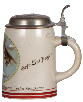 Third Reich stein, .5L, stoneware, Fliegerersatzabteilung 25, Kaufbeuren, Techn. Kompanie, owner's name, pewter lid with relief helmet with swastika, mint. A DETAILED PHOTO OF THE BODY & THE LID IS AVAILABLE, PLEASE EMAIL YOUR REQUEST. - 2