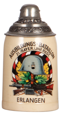 Third Reich stein, .5L, pottery, Ausbildungs Bataillon, 21. [Bayer.] Inf. Regt., Erlangen, pewter lid with helmet finial with swastika, mint. A DETAILED PHOTO OF THE BODY & THE LID IS AVAILABLE, PLEASE EMAIL YOUR REQUEST.