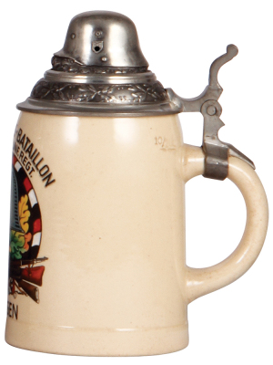 Third Reich stein, .5L, pottery, Ausbildungs Bataillon, 21. [Bayer.] Inf. Regt., Erlangen, pewter lid with helmet finial with swastika, mint. A DETAILED PHOTO OF THE BODY & THE LID IS AVAILABLE, PLEASE EMAIL YOUR REQUEST. - 2