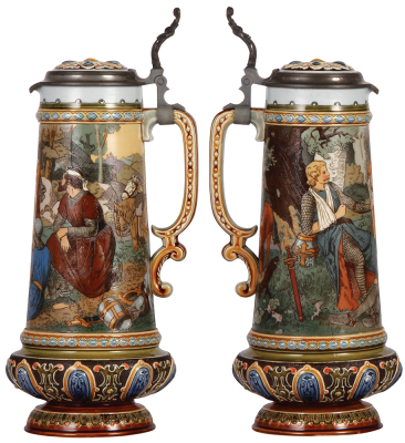 Mettlach stein, 1.4L, 14.2" ht., 2481, etched, by F. Quidenus, inlaid lid, very good inlay repair, body mint. - 2