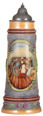 Pottery stein, 3.0L, 17.3" ht., relief & threading, by Diesinger, pewter lid, small chip on handle, pewter damage. LOT 7259