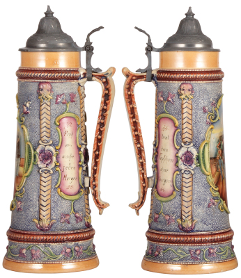 Pottery stein, 3.0L, 17.3" ht., relief & threading, by Diesinger, pewter lid, small chip on handle, pewter damage. LOT 7259 - 2