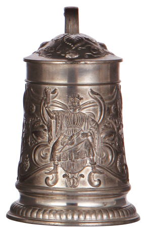 Pewter stein, .5L, relief, marked F. & M. N., Gambrinus, Art Nouveau, very good condition.