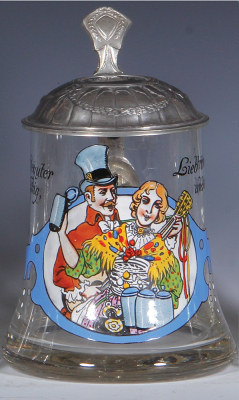 Glass stein, .5L, blown, hand-painted, Sei guter Ding lieb trink und sing, pewter lid, mint.