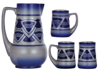 Stoneware stein set, 2.0L, incised, marked Gerz, 1327A, designed by Bruno Mauder, blue saltglaze, Art Nouveau; with, three, .25L, incised, marked Gerz, 1327B, all unlidded, mint.