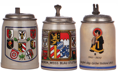 Three stoneware steins, .5L, transfer & hand-painted, marked Wick Werke, German cities, pewter lid: R & F, mint; with, .5L, transfer & hand-painted, marked Marzi & Remy, Bayernverein, Weiss Blau Stuttgart, E.V. 1891, pewter lid, mint; with, 