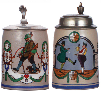 Two stoneware steins, .5L, transfer & hand-painted, marked M. & W. Gr., Jäger mit Dackel, pewter lid has a good pewter tear repair, otherwise mint; with, .5L, transfer & hand-painted, marked F. & M. N., hunter & barkeeper, pewter lid, mint.