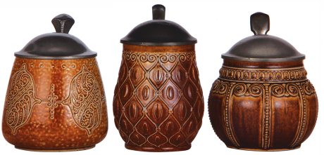 Three stoneware steins, .5L, relief, marked 205, brown saltglaze, Art Nouveau, pewter lid, mint; with, .5L, relief, marked 3228, made by Reinhold Merkelbach, brown saltglaze, Art Nouveau, pewter lid, small chip & line on handle; with, .5L, relief, marked