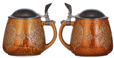 Three stoneware steins, .5L, relief, marked 205, brown saltglaze, Art Nouveau, pewter lid, mint; with, .5L, relief, marked 3228, made by Reinhold Merkelbach, brown saltglaze, Art Nouveau, pewter lid, small chip & line on handle; with, .5L, relief, marked - 2