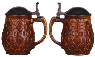 Three stoneware steins, .5L, relief, marked 205, brown saltglaze, Art Nouveau, pewter lid, mint; with, .5L, relief, marked 3228, made by Reinhold Merkelbach, brown saltglaze, Art Nouveau, pewter lid, small chip & line on handle; with, .5L, relief, marked - 3