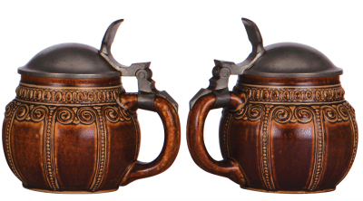 Three stoneware steins, .5L, relief, marked 205, brown saltglaze, Art Nouveau, pewter lid, mint; with, .5L, relief, marked 3228, made by Reinhold Merkelbach, brown saltglaze, Art Nouveau, pewter lid, small chip & line on handle; with, .5L, relief, marked - 4