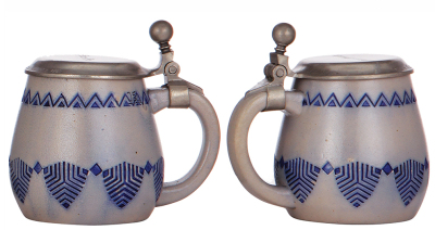 Three stoneware steins, .5L, relief, marked 141, blue saltglaze, Art Nouveau, pewter lid is an old replacement, body mint; with, .5L, relief, marked 2020, blue saltglaze, Art Nouveau, pewter lid is an old replacement, body mint; with, .5L, relief, marked - 2