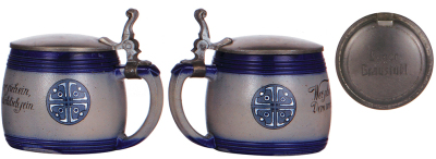 Three stoneware steins, .5L, relief, marked 141, blue saltglaze, Art Nouveau, pewter lid is an old replacement, body mint; with, .5L, relief, marked 2020, blue saltglaze, Art Nouveau, pewter lid is an old replacement, body mint; with, .5L, relief, marked - 3