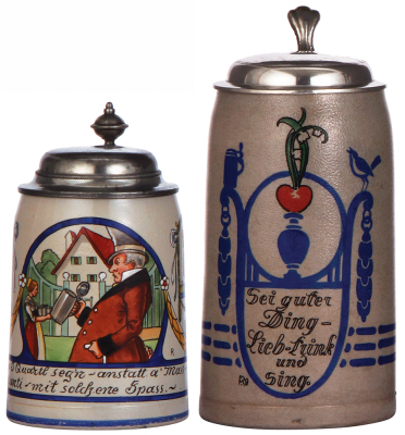 Two stoneware steins, .5L, transfer & hand-painted, marked B.T.M., by F. Ringer, old replaced pewter lid, body mint; with, 1.0L, transfer & hand-painted, marked M.W. Gr., by F. Ringer, old replaced pewter lid, very slight color wear.