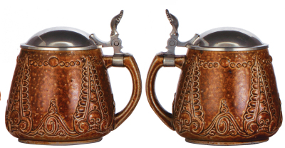 Three stoneware steins, .5L, relief, marked 204, brown saltglaze, Art Nouveau, pewter lid, mint; with, .5L, relief, marked 2184, brown saltglaze, Art Nouveau, pewter lid, mint; with, .5L, relief, marked 2186, made by Marzi & Remy, brown saltglaze, Art Nou - 2