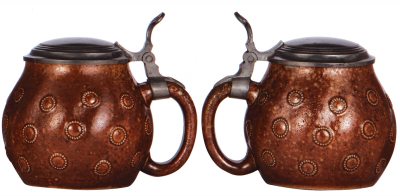 Three stoneware steins, .5L, relief, marked 204, brown saltglaze, Art Nouveau, pewter lid, mint; with, .5L, relief, marked 2184, brown saltglaze, Art Nouveau, pewter lid, mint; with, .5L, relief, marked 2186, made by Marzi & Remy, brown saltglaze, Art Nou - 4