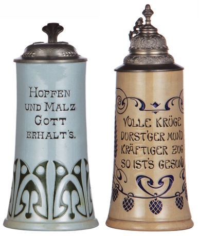 Two stoneware steins, .5L, relief, marked 450, made by Rosskopf & Gerz, gray & green glazes, Art Nouveau, pewter lid, tiny flake on handle; with, .5L, relief, marked 1933, made by Reinhold Merkelbach, designed by Karl Görig, blue glaze, Art Nouveau, pewte